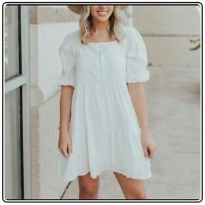 Hayden White Square Neckline Prairie / Cottagecore Dress w/ Elbow Length Sleeves